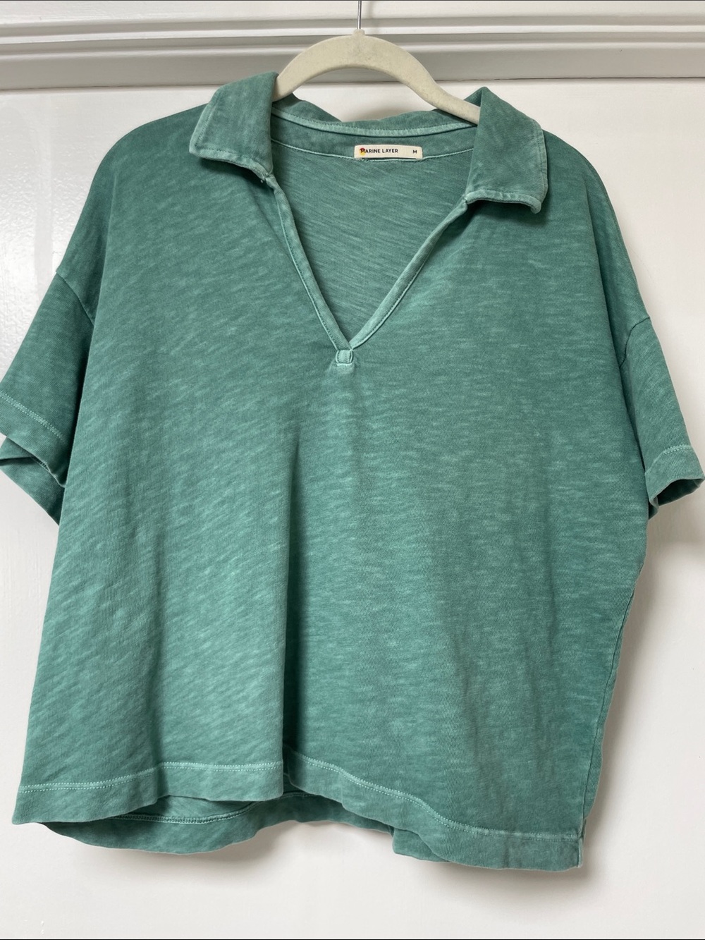 Marine Layer Washed Teal Short-Sleeve Collared V-Neck Top